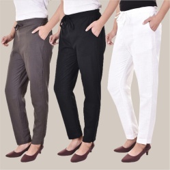 Combo of 3 Cotton Slub Solid Women Regular Fit Trousers Black Gray and White-41242