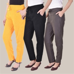 Combo of 3 Cotton Slub Solid Women Regular Fit Trousers Black Gray and Yellow-41163