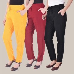 Combo of 3 Cotton Slub Solid Women Regular Fit Trousers Black Maroon and Yellow-41132