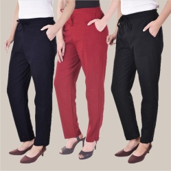 Combo of 3 Cotton Slub Solid Women Regular Fit Trousers Black Navy Blue and Maroon-41203