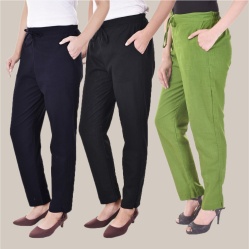 Combo of 3 Cotton Slub Solid Women Regular Fit Trousers Black Navy Blue and Olive Green-41299