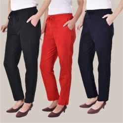 Combo of 3 Cotton Slub Solid Women Regular Fit Trousers Black Navy Blue and Red-41285