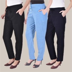 Combo of 3 Cotton Slub Solid Women Regular Fit Trousers Black Navy Blue and Sky Blue-41265