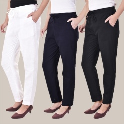 Combo of 3 Cotton Slub Solid Women Regular Fit Trousers Black Navy Blue and White-41238