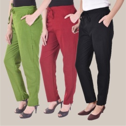 Combo of 3 Cotton Slub Solid Women Regular Fit Trousers Black Olive Green and Maroon-41198