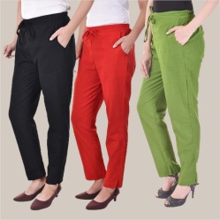Combo of 3 Cotton Slub Solid Women Regular Fit Trousers Black Olive Green and Red-41280