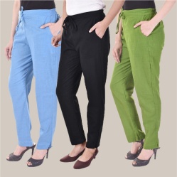 Combo of 3 Cotton Slub Solid Women Regular Fit Trousers Black Olive Green and Sky Blue-41260