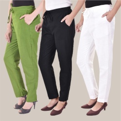 Combo of 3 Cotton Slub Solid Women Regular Fit Trousers Black Olive Green and White-41233