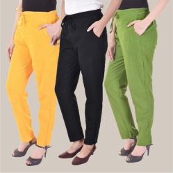 Combo of 3 Cotton Slub Solid Women Regular Fit Trousers Black Olive Green and Yellow-41154