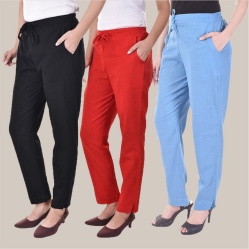 Combo of 3 Cotton Slub Solid Women Regular Fit Trousers Black Red and Sky Blue-41254