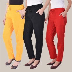 Combo of 3 Cotton Slub Solid Women Regular Fit Trousers Black Red and Yellow-41148