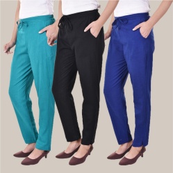 Combo of 3 Cotton Slub Solid Women Regular Fit Trousers Black Royal Blue and Cyan-41322