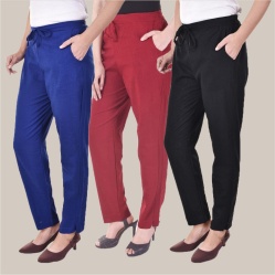 Combo of 3 Cotton Slub Solid Women Regular Fit Trousers Black Royal Blue and Maroon-41212