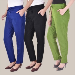 Combo of 3 Cotton Slub Solid Women Regular Fit Trousers Black Royal Blue and Olive Green-41308