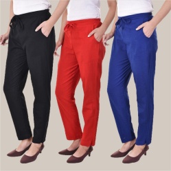 Combo of 3 Cotton Slub Solid Women Regular Fit Trousers Black Royal Blue and Red-41294