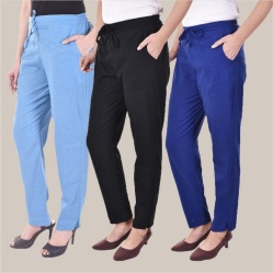Combo of 3 Cotton Slub Solid Women Regular Fit Trousers Black Royal Blue and Sky Blue-41274