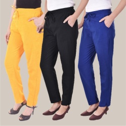 Combo of 3 Cotton Slub Solid Women Regular Fit Trousers Black Royal Blue and Yellow-41168