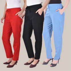 Combo of 3 Cotton Slub Solid Women Regular Fit Trousers Black Sky Blue and Red-41192
