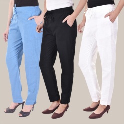 Combo of 3 Cotton Slub Solid Women Regular Fit Trousers Black Sky Blue and White-41220