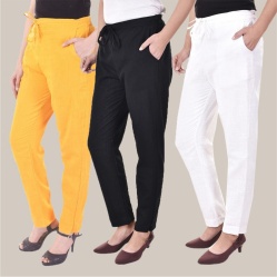 Combo of 3 Cotton Slub Solid Women Regular Fit Trousers Black White and Yellow-41141