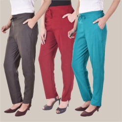 Combo of 3 Cotton Slub Solid Women Regular Fit Trousers Cyan Gray and Maroon-41205