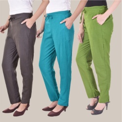 Combo of 3 Cotton Slub Solid Women Regular Fit Trousers Cyan Gray and Olive Green-41301