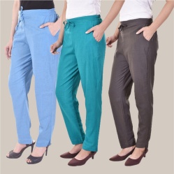 Combo of 3 Cotton Slub Solid Women Regular Fit Trousers Cyan Gray and Sky Blue-41267
