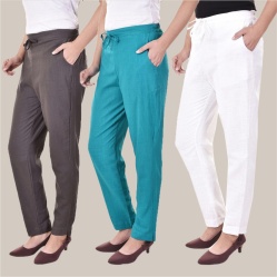 Combo of 3 Cotton Slub Solid Women Regular Fit Trousers Cyan Gray and White-41240