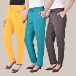 Combo of 3 Cotton Slub Solid Women Regular Fit Trousers Cyan Gray and Yellow-41161