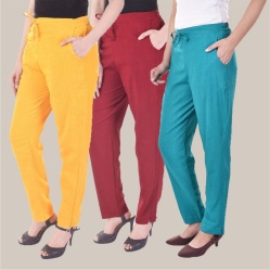 Combo of 3 Cotton Slub Solid Women Regular Fit Trousers Cyan Maroon and Yellow-41130