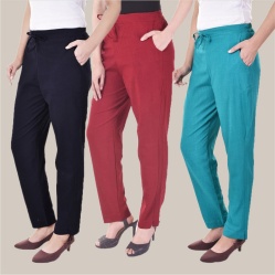 Combo of 3 Cotton Slub Solid Women Regular Fit Trousers Cyan Navy Blue and Maroon-41201