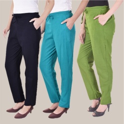 Combo of 3 Cotton Slub Solid Women Regular Fit Trousers Cyan Navy Blue and Olive Green-41297