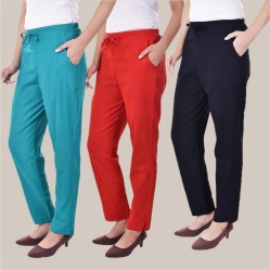 Combo of 3 Cotton Slub Solid Women Regular Fit Trousers Cyan Navy Blue and Red-41283