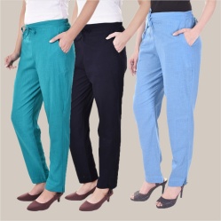 Combo of 3 Cotton Slub Solid Women Regular Fit Trousers Cyan Navy Blue and Sky Blue-41263