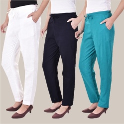 Combo of 3 Cotton Slub Solid Women Regular Fit Trousers Cyan Navy Blue and White-41236