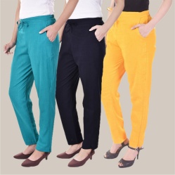 Combo of 3 Cotton Slub Solid Women Regular Fit Trousers Cyan Navy Blue and Yellow-41157