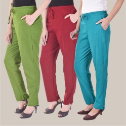 Combo of 3 Cotton Slub Solid Women Regular Fit Trousers Cyan Olive Green and Maroon-41196
