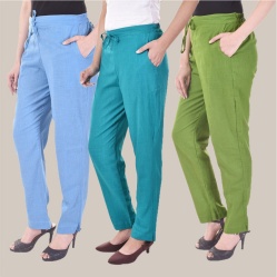 Combo of 3 Cotton Slub Solid Women Regular Fit Trousers Cyan Olive Green and Sky Blue-41258