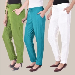 Combo of 3 Cotton Slub Solid Women Regular Fit Trousers Cyan Olive Green and White-41231