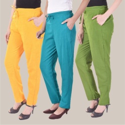 Combo of 3 Cotton Slub Solid Women Regular Fit Trousers Cyan Olive Green and Yellow-41152