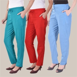 Combo of 3 Cotton Slub Solid Women Regular Fit Trousers Cyan Red and Sky Blue-41252