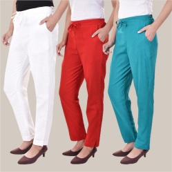 Combo of 3 Cotton Slub Solid Women Regular Fit Trousers Cyan Red and White-41225