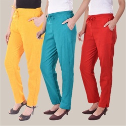 Combo of 3 Cotton Slub Solid Women Regular Fit Trousers Cyan Red and Yellow-41146