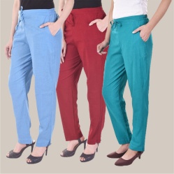 Combo of 3 Cotton Slub Solid Women Regular Fit Trousers Cyan Sky Blue and Maroon-41183