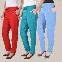 Combo of 3 Cotton Slub Solid Women Regular Fit Trousers Cyan Sky Blue and Red-41190