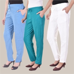 Combo of 3 Cotton Slub Solid Women Regular Fit Trousers Cyan Sky Blue and White-41218