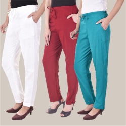 Combo of 3 Cotton Slub Solid Women Regular Fit Trousers Cyan White and Maroon-41175