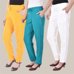 Combo of 3 Cotton Slub Solid Women Regular Fit Trousers Cyan White and Yellow-41139