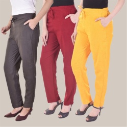 Combo of 3 Cotton Slub Solid Women Regular Fit Trousers Gray Maroon and Yellow-41129