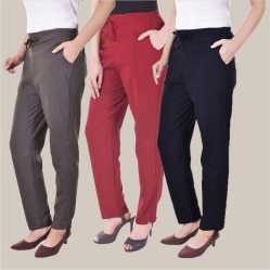 Combo of 3 Cotton Slub Solid Women Regular Fit Trousers Gray Navy Blue and Maroon-41200